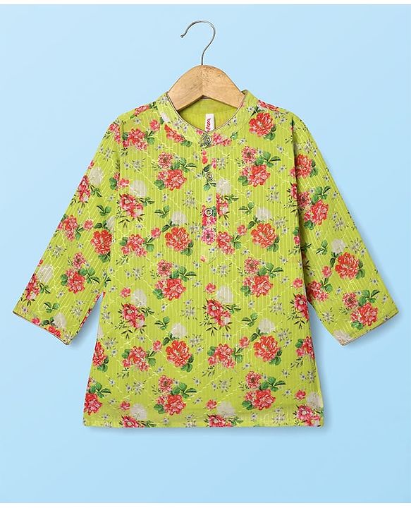 Babyhug Woven Mandarin Collar Full Length Kurta Pajama Set With Floral Print - Green