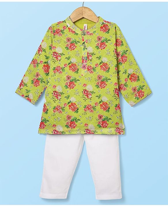Babyhug Woven Mandarin Collar Full Length Kurta Pajama Set With Floral Print - Green