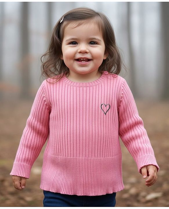 Babyhug Knit Full Sleeves Pullover Sweater with Heart Embroidery - Pink