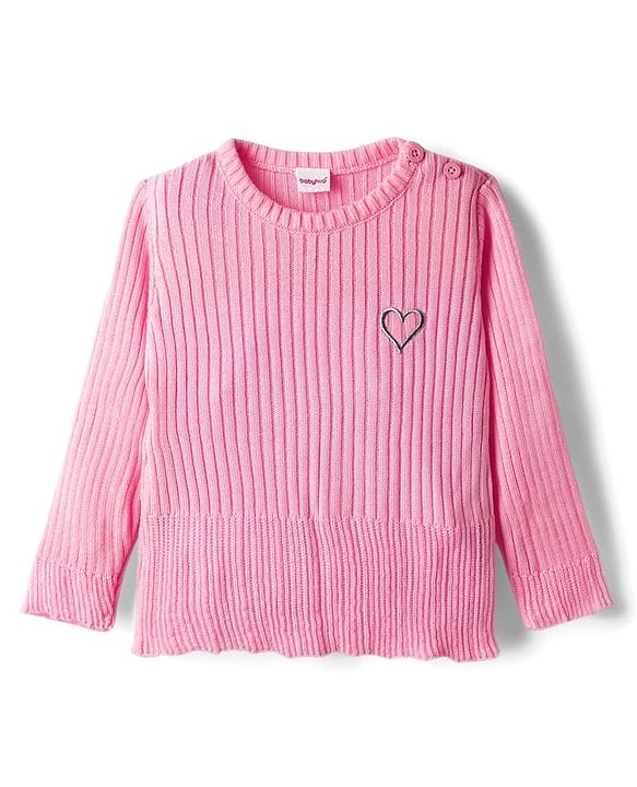 Babyhug Knit Full Sleeves Pullover Sweater with Heart Embroidery - Pink