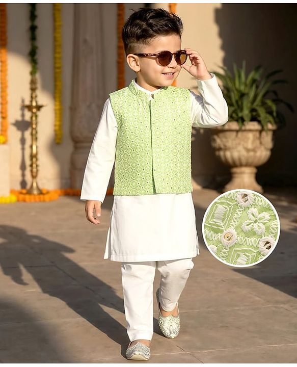Babyhug Full Sleeves Kurta Pajama Set with Embroidered Jacket - Light Green & White