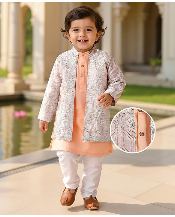 Babyhug Full Sleeves Kurta Pyjama Set With Embroidered Long Jacket -  Peach