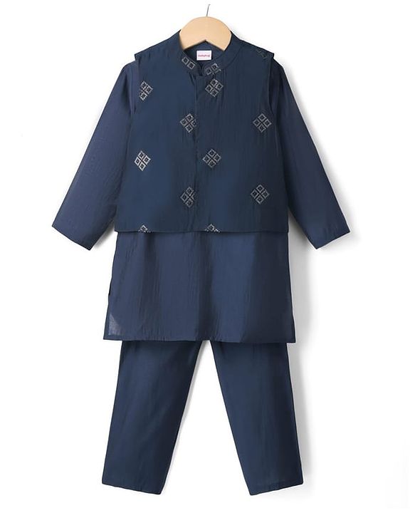 Babyhug Full Sleeves Kurta Pajama Set with Embroidered Jacket - Navy Blue