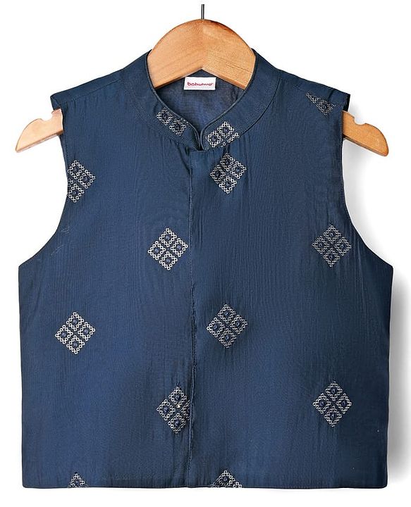 Babyhug Full Sleeves Kurta Pajama Set with Embroidered Jacket - Navy Blue
