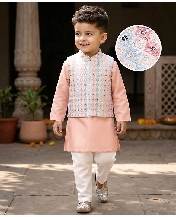 Babyhug Full Sleeves Kurta Pyjama Set With Embroidered Jacket -  Peach