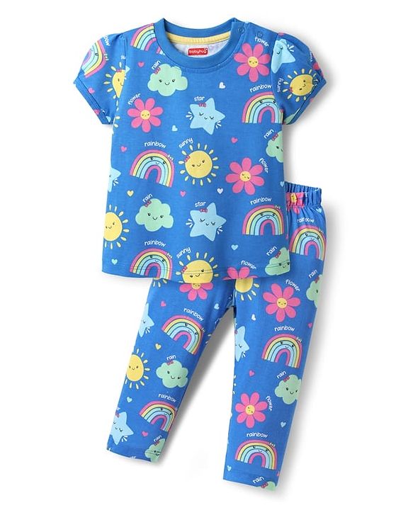 Babyhug Cotton Knit Half Sleeves Co-ords Night Suit With Floral Print - Blue