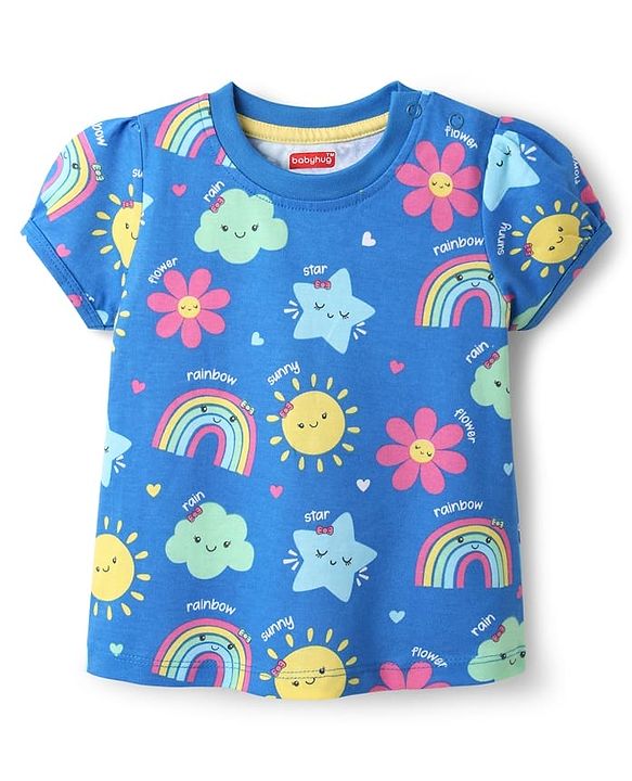 Babyhug Cotton Knit Half Sleeves Co-ords Night Suit With Floral Print - Blue