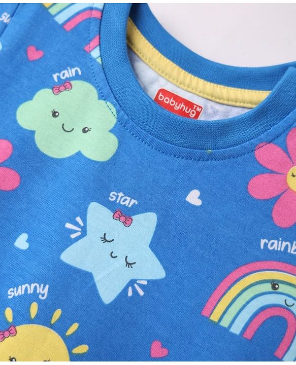 Babyhug Cotton Knit Half Sleeves Co-ords Night Suit With Floral Print - Blue