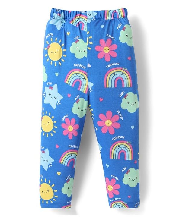 Babyhug Cotton Knit Half Sleeves Co-ords Night Suit With Floral Print - Blue