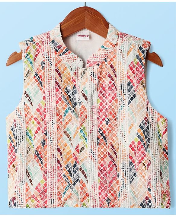 Babyhug Cotton Woven Full Sleeves Kurta Pajama Set With Printed Jacket - White