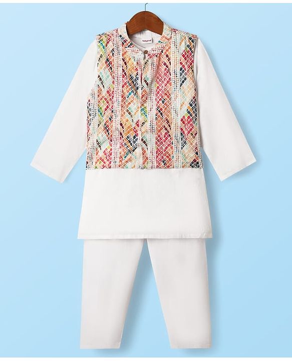 Babyhug Cotton Woven Full Sleeves Kurta Pajama Set With Printed Jacket - White