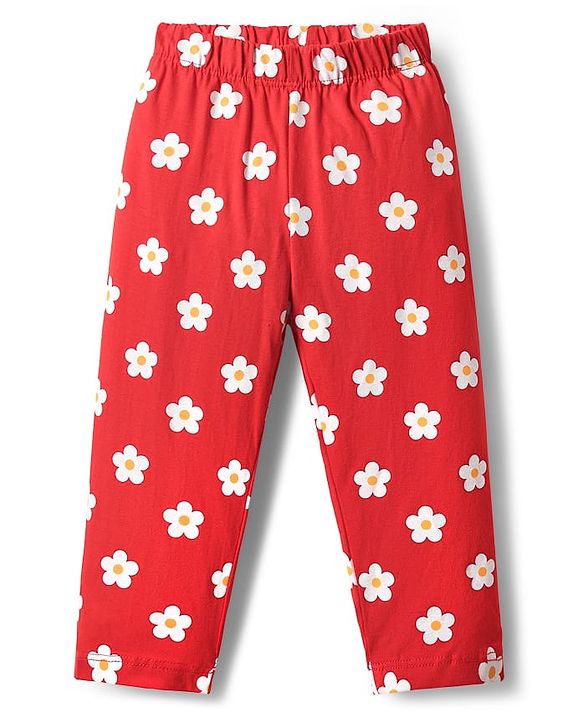 Babyhug Cotton Knit Half Sleeves Night Suit With Floral Print - Red