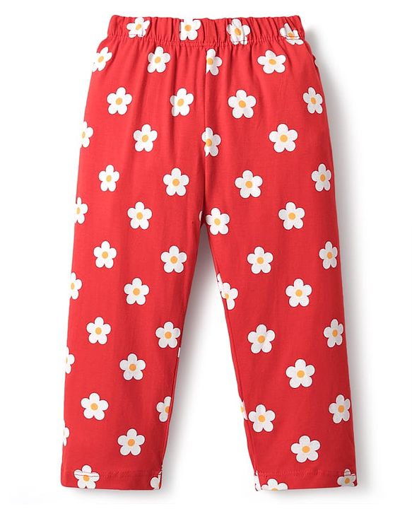 Babyhug Cotton Knit Half Sleeves Night Suit With Floral Print - Red