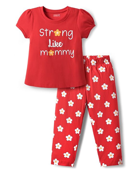 Babyhug Cotton Knit Half Sleeves Night Suit With Floral Print - Red