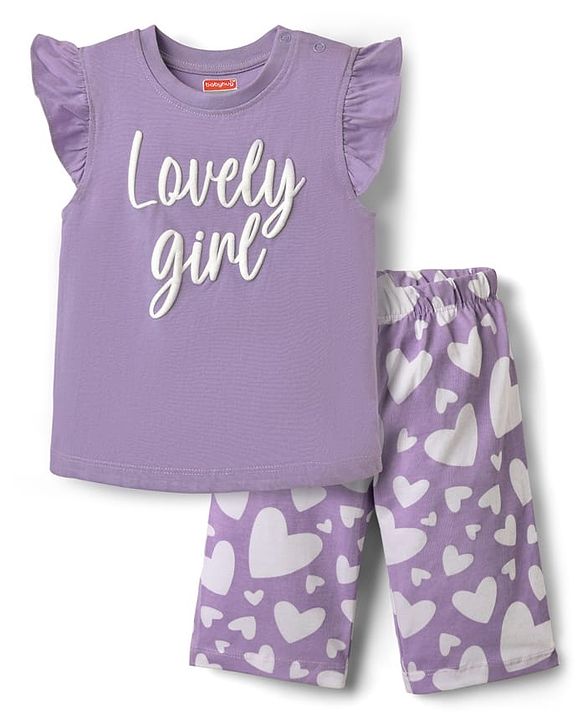 Babyhug Cotton Knit Frill Sleeves Capri Night Suit With Hearts Prints - Lavender