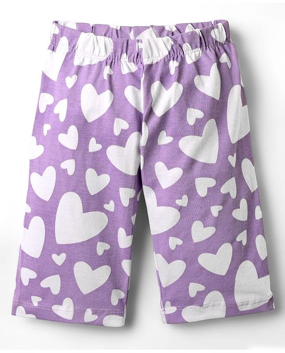 Babyhug Cotton Knit Frill Sleeves Capri Night Suit With Hearts Prints - Lavender
