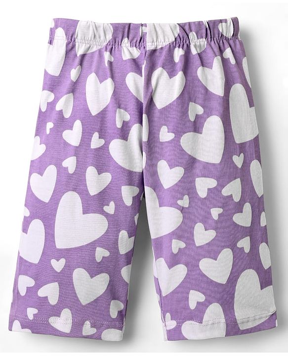 Babyhug Cotton Knit Frill Sleeves Capri Night Suit With Hearts Prints - Lavender