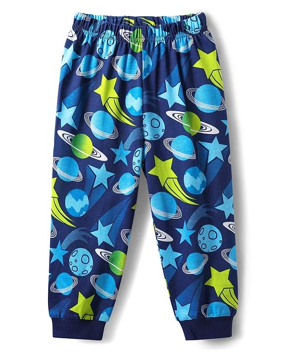 Babyhug Cotton Knit Half Sleeves Co-ords Night Suit with Space Theme Print - Navy Blue
