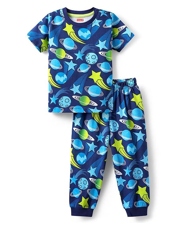 Babyhug Cotton Knit Half Sleeves Co-ords Night Suit with Space Theme Print - Navy Blue