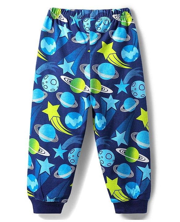 Babyhug Cotton Knit Half Sleeves Co-ords Night Suit with Space Theme Print - Navy Blue