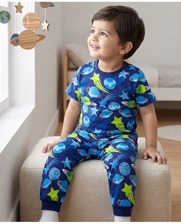 Babyhug Cotton Knit Half Sleeves Co-ords Night Suit with Space Theme Print - Navy Blue
