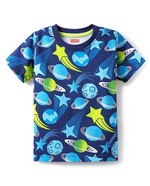 Babyhug Cotton Knit Half Sleeves Co-ords Night Suit with Space Theme Print - Navy Blue