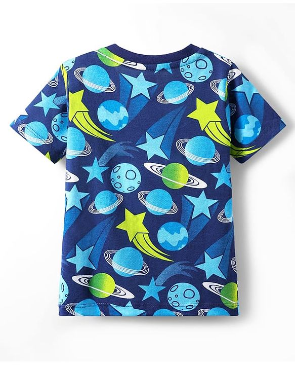 Babyhug Cotton Knit Half Sleeves Co-ords Night Suit with Space Theme Print - Navy Blue