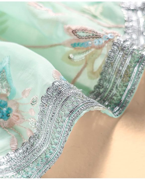 Babyhug Woven Half Sleeves Lehenga Choli & Dupatta Set With Floral Embroidery - Aqua