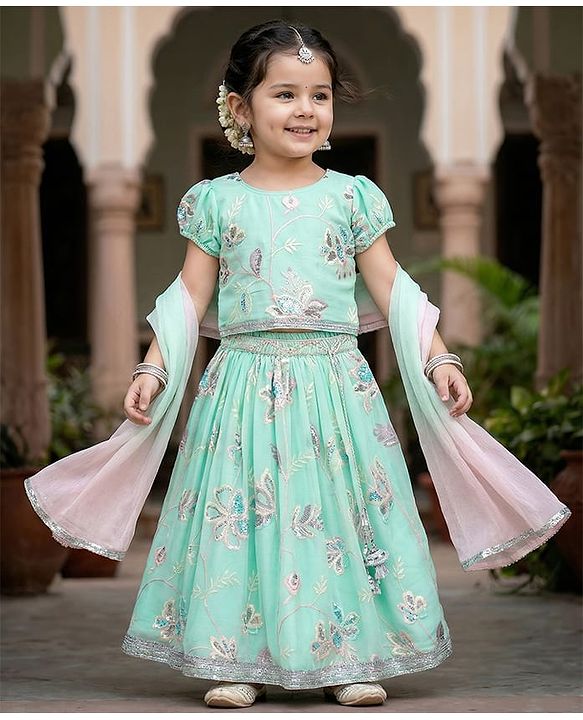 Babyhug Woven Half Sleeves Lehenga Choli & Dupatta Set With Floral Embroidery - Aqua