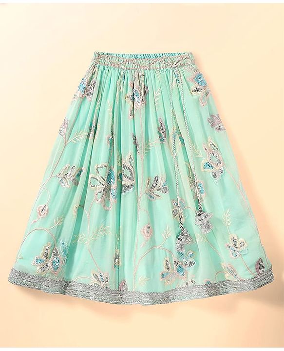 Babyhug Woven Half Sleeves Lehenga Choli & Dupatta Set With Floral Embroidery - Aqua