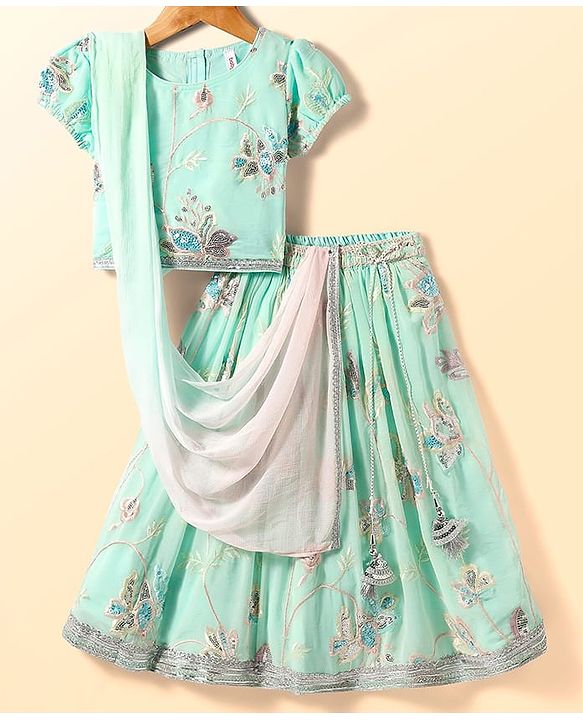 Babyhug Woven Half Sleeves Lehenga Choli & Dupatta Set With Floral Embroidery - Aqua