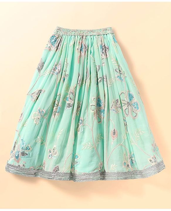 Babyhug Woven Half Sleeves Lehenga Choli & Dupatta Set With Floral Embroidery - Aqua