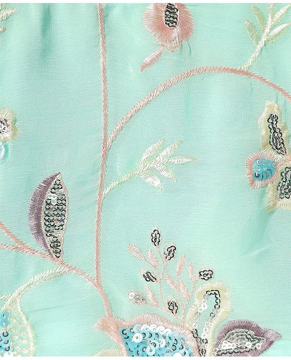 Babyhug Woven Half Sleeves Lehenga Choli & Dupatta Set With Floral Embroidery - Aqua