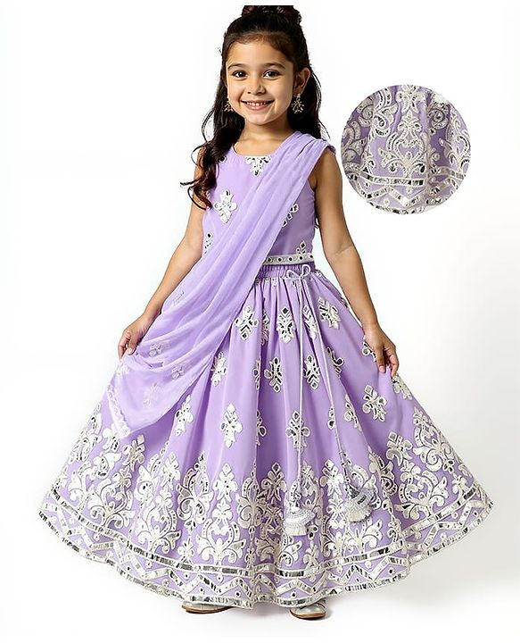 Babyhug Woven Sleeveless Georgett Pitta Work Embriodered Lehenga Choli & Dupatta Set - Purple