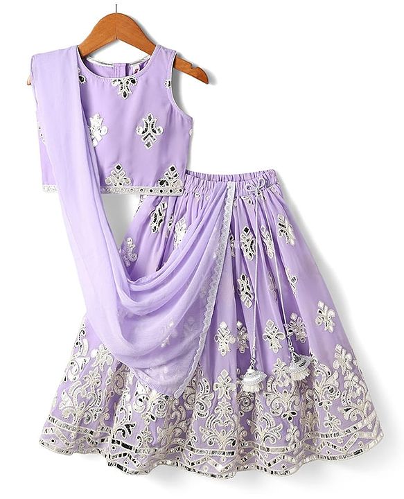 Babyhug Woven Sleeveless Georgett Pitta Work Embriodered Lehenga Choli & Dupatta Set - Purple
