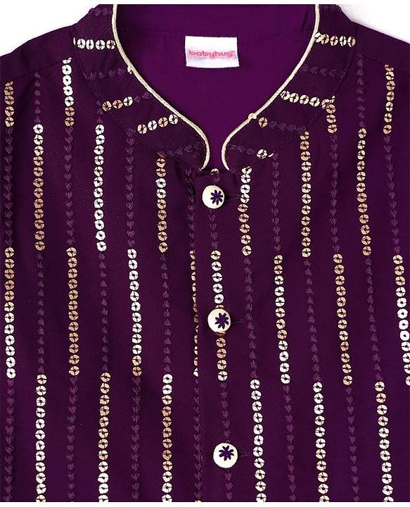 Babyhug Woven Mandarin Collar Full Sleeves Kurta Pajama Set with Sequin Embroidered Jacket - Purple