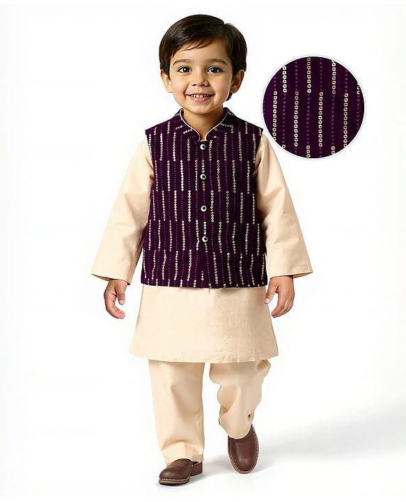 Babyhug Woven Mandarin Collar Full Sleeves Kurta Pajama Set with Sequin Embroidered Jacket - Purple