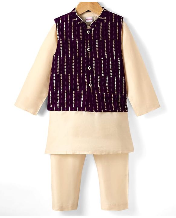 Babyhug Woven Mandarin Collar Full Sleeves Kurta Pajama Set with Sequin Embroidered Jacket - Purple