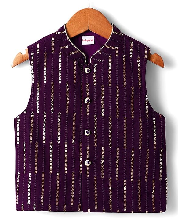 Babyhug Woven Mandarin Collar Full Sleeves Kurta Pajama Set with Sequin Embroidered Jacket - Purple