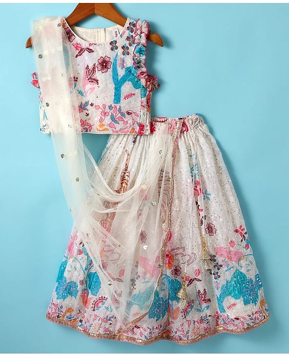Babyhug Woven Sleeveless Georgett Embroidered Choli With Lehenga and Dupatta Set with Floral Print & Sequin - White
