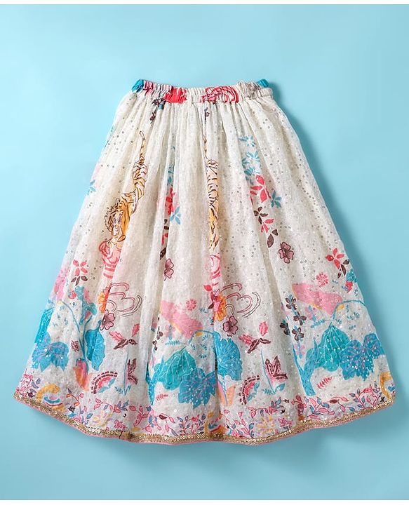 Babyhug Woven Sleeveless Georgett Embroidered Choli With Lehenga and Dupatta Set with Floral Print & Sequin - White