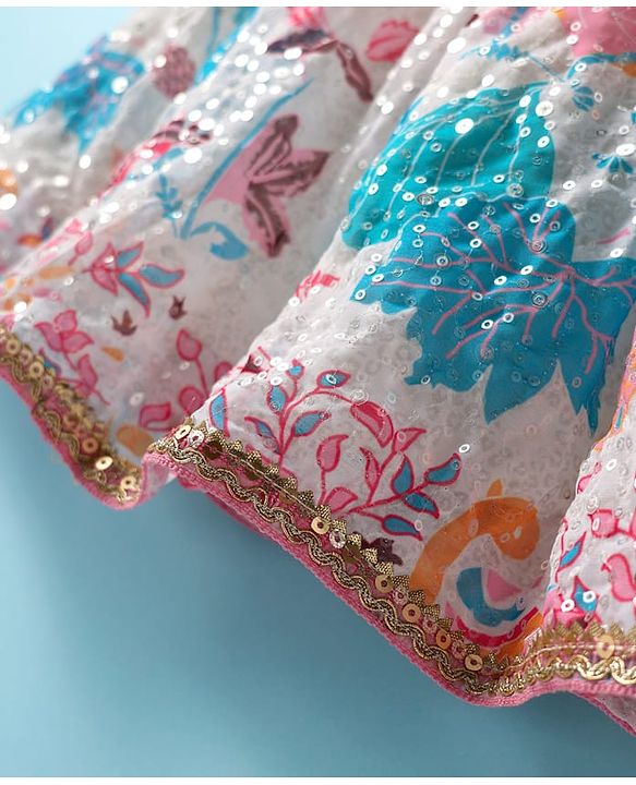 Babyhug Woven Sleeveless Georgett Embroidered Choli With Lehenga and Dupatta Set with Floral Print & Sequin - White