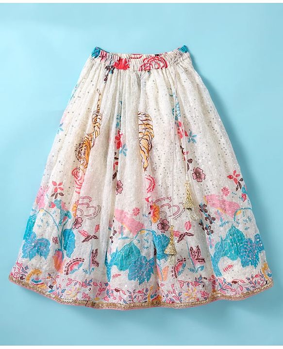 Babyhug Woven Sleeveless Georgett Embroidered Choli With Lehenga and Dupatta Set with Floral Print & Sequin - White