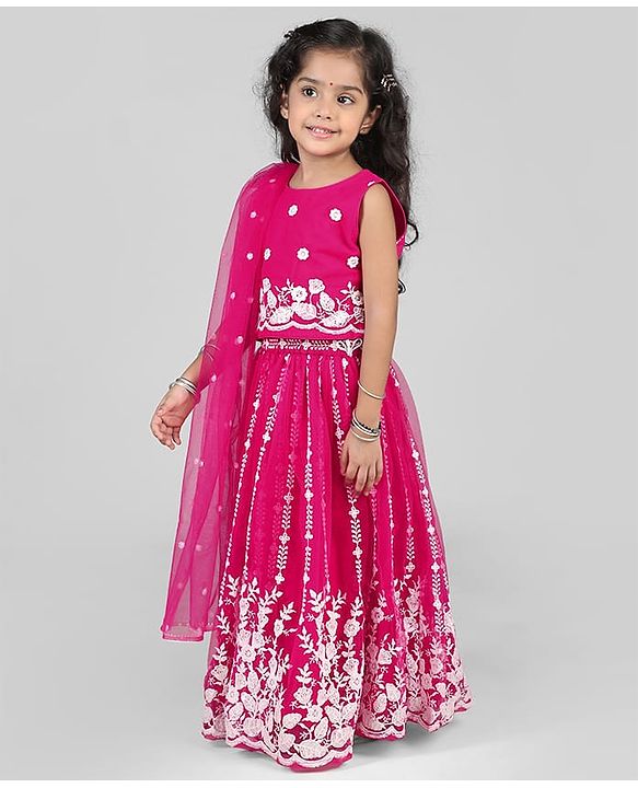 Babyhug Woven Sleeveless Floral Embroidered Choli Lehenga With Dupatta Set - Pink