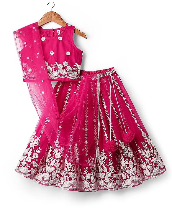 Babyhug Woven Sleeveless Floral Embroidered Choli Lehenga With Dupatta Set - Pink