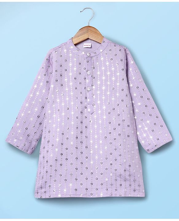 Babyhug Woven Full Sleeves Manderin Collar Kurta Dhoti Set With Embroidery - Lavender