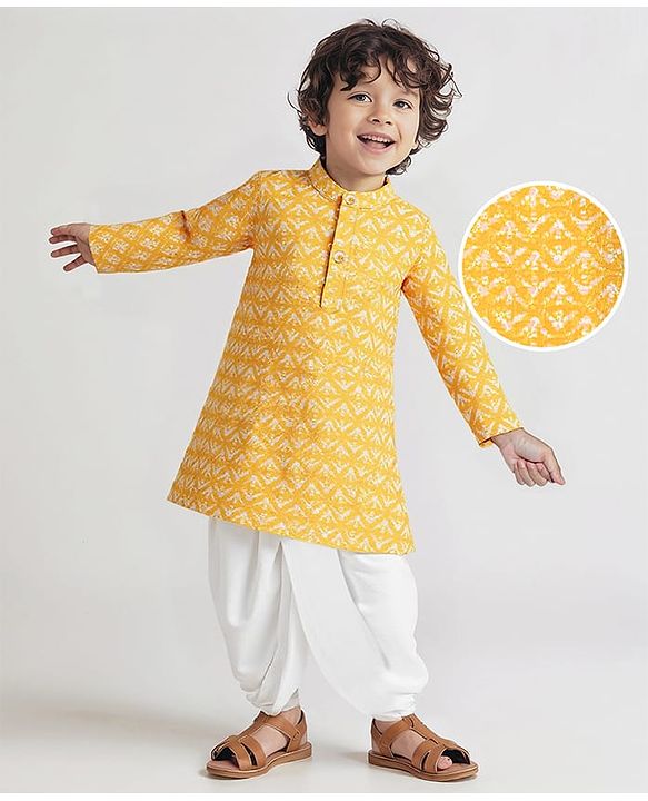 Babyhug Woven Mandarin Collar Full Sleeves Kurta Dhoti Set With Abstract Print - Yellow