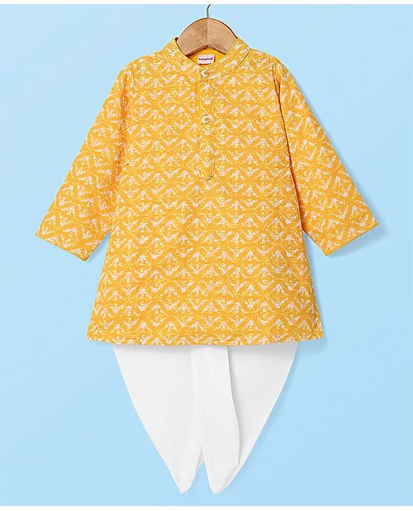 Babyhug Woven Mandarin Collar Full Sleeves Kurta Dhoti Set With Abstract Print - Yellow