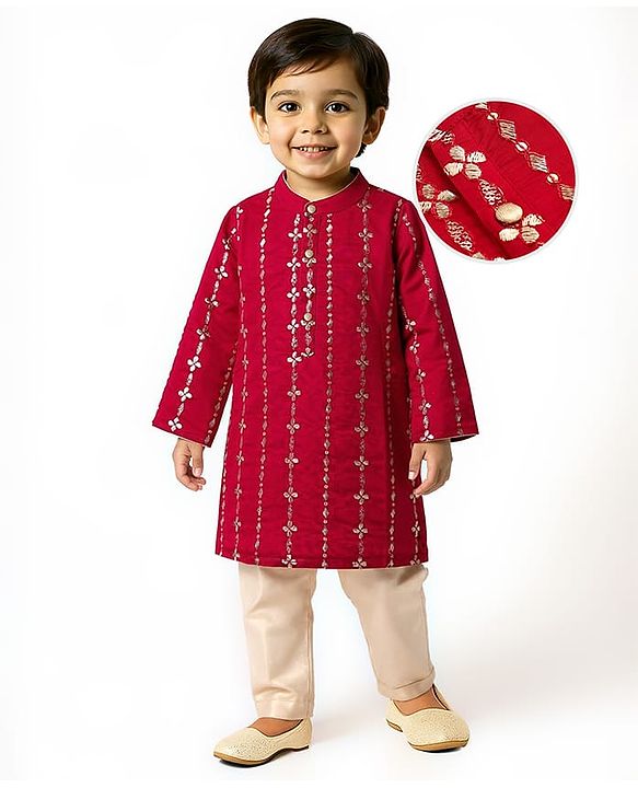 Babyhug Woven Full Sleeves Kurta Pajama Set With Floral & Sequin Embroidered - Red