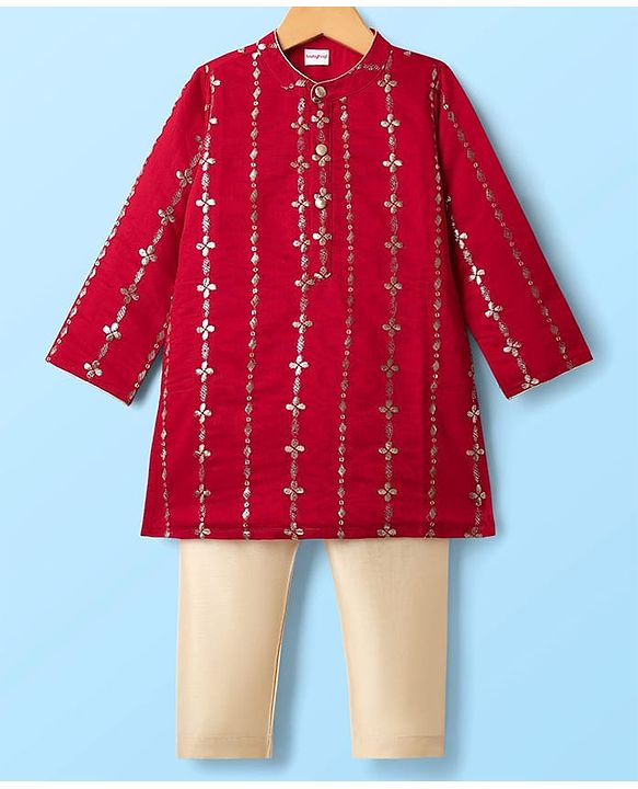 Babyhug Woven Full Sleeves Kurta Pajama Set With Floral & Sequin Embroidered - Red